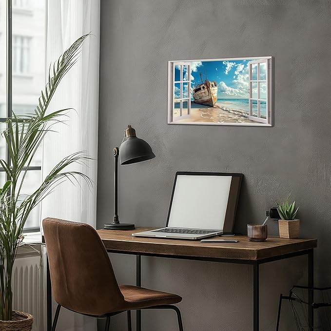 ANRUOXI Beach Pictures Wall Art Decor for Living Room, Blue Ocean Painting Decor for Bedroom, White Window Frame Style Broken Ship Canvas Wall Decor, Coastal Landscape Artwork for Offices 12x18 Inch