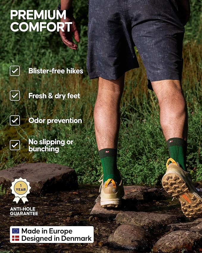 DANISH ENDURANCE Hiking Socks, Lightweight, Merino Wool Socks for Men & Women, Moisture Wicking & Thermal, 1 or 5 Pack