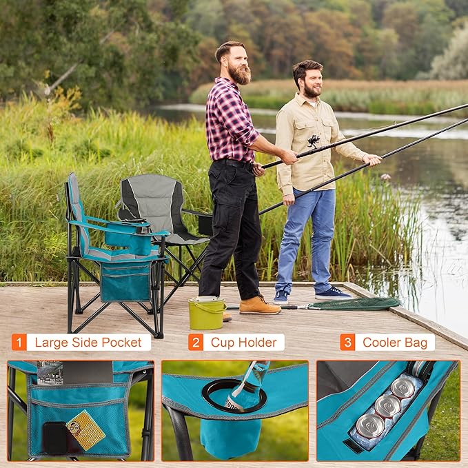 2 Pack Padded Oversized Camping Chairs for Adults,Heavy Duty Support 400 Lbs,Folding Portable Lawn Chair w/Cup Holder,Cooler Bag,Side Pocket,Perfect for Outdoor Picnic,Hiking(Blue&Black)