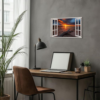 ANRUOXI Beach Window Canvas Wall Art, Bedroom Living Room Ocean Sunset Coastal Scene Picture, Tropical Sea Tree Landscape Painting Print Artwork Horizontal Seascape Artwork for Bedroom 12x18 Inch