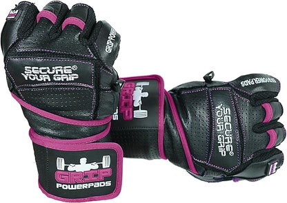 Grip Power Pads Leather Gym Gloves for Women – Built-in 2" Wrist Wraps, Pink Weightlifting, Powerlifting, Bodybuilding Workout