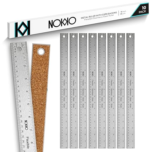 NOKKO 18 Inch Metal Ruler with Cork Backing, Pack of 10 - Flexible Stainless Steel Straight Edge Ruler with Inches and Centimeters, Non-Slip Backing for Precision and Stability