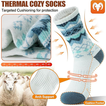 EBMORE Womens Merino Wool Hiking Socks Thermal Warm Winter Crew Cushion Work Boot Outdoor Socks 5 Pairs
