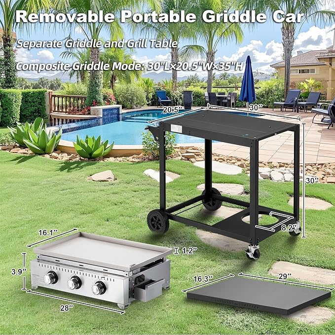 MELLCOM 3 Burner 30000 BTU Outdoor Gas Griddle with Lid (Side Shelf), Portable Flat Top Griddle 28 Inch Heavy-Duty Cast Iron Grill, Bottle Rack & Grease Pan for Camping, Picnic, Patio