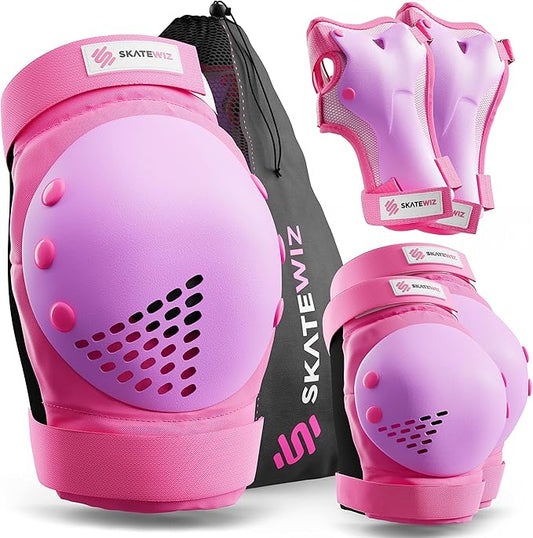 SKATEWIZ Skateboard Pads Protective Gear Set for Kids and Adults - Smash - Roller Skate Pads [6pc] with Wrist Guards - Skating Protective Gear - Roller Derby