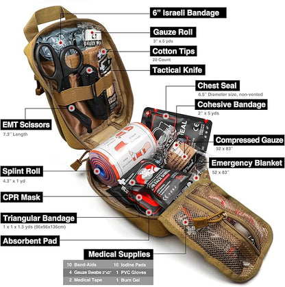 Survival First Aid Kit with Israeli Bandage, Splint, Chest Seal, Tactical Military Combat Molle IFAK for Wound Care, Bleeding Control, Trauma Hemorrhage and More