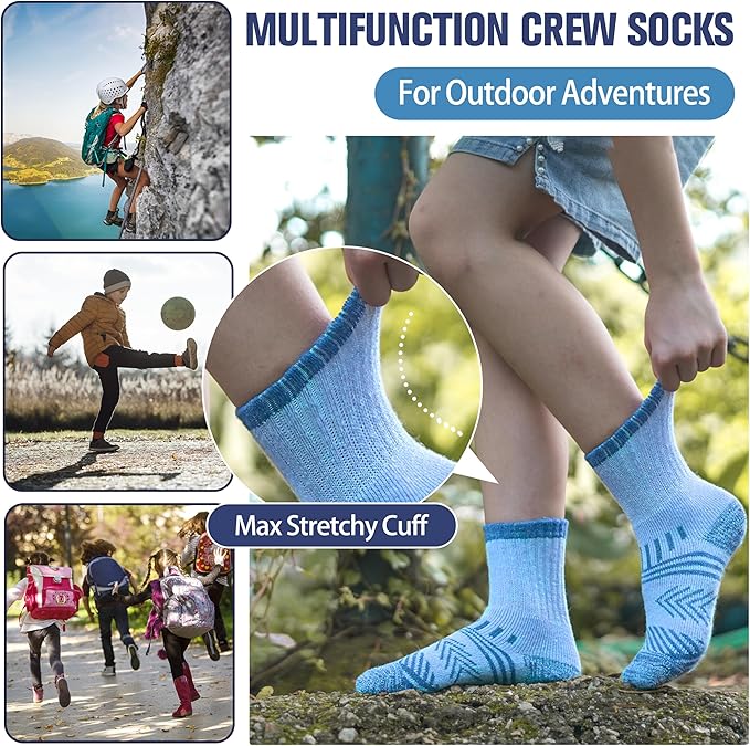 EBMORE Kids Merino Wool Hiking Socks Thermal Winter Warm Thick Boys Toddlers Girls Cushion Crew Socks 6 Pairs