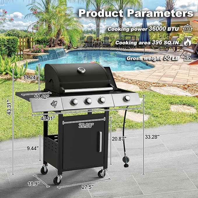 MELLCOM Upgraded 36,000 BTU Stainless Steel Burner Propane Grill, 3 Burner BBQ Barbecue Gas Grill with Cast Iron Grates & Side Stove for Patio, Camping, Outdoor Cooking
