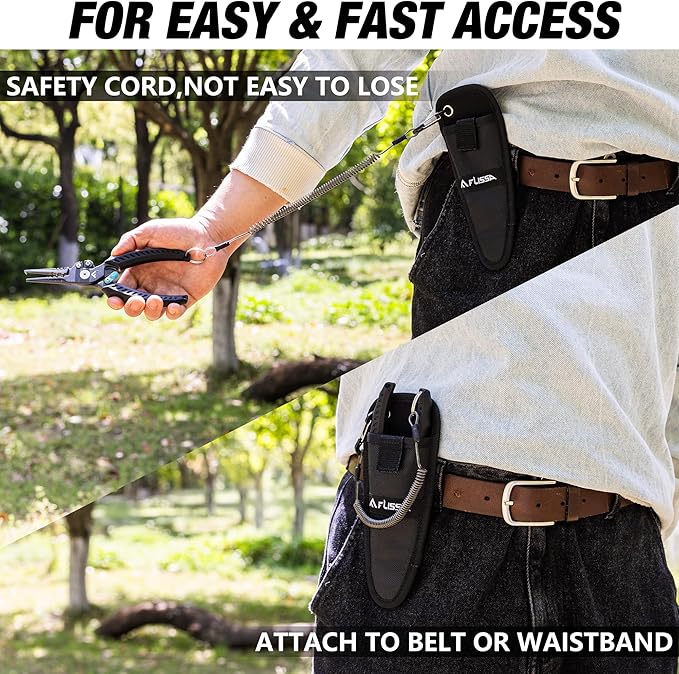 FLISSA 7-1/2 Inch Fishing Pliers, Safety Lock Design Fish Pliers Saltwater with TPR Handle, Stainless Steel hook remover with Braid Cutters, Sheath and Lanyard, Fishing Tool Gifts for Men