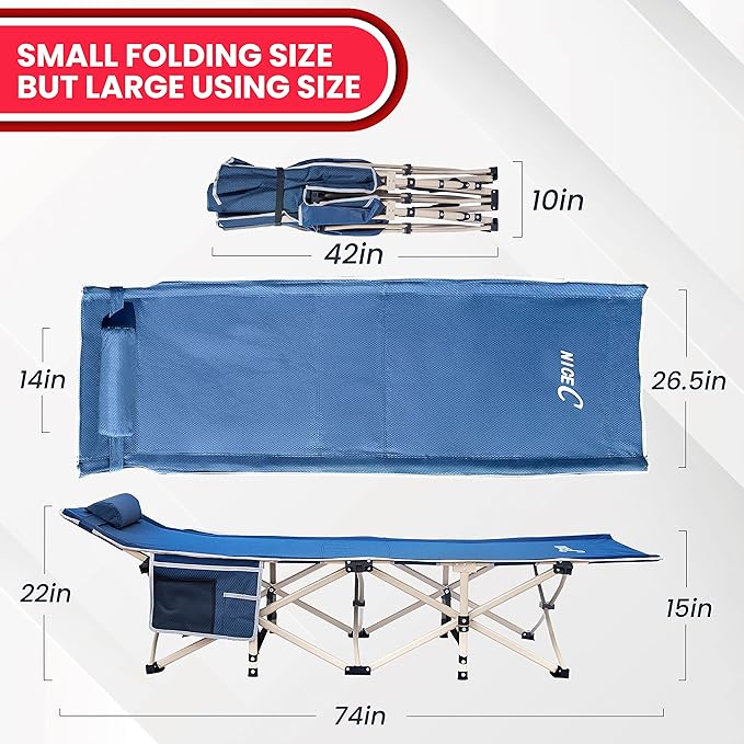 Nice C Camping Cots, Cots for Adults, Folding Cot, with Pillow, Carry Bag & Storage Pocket, Extra Wide Sturdy, Holds Up to 500 Lbs (1, Blue)
