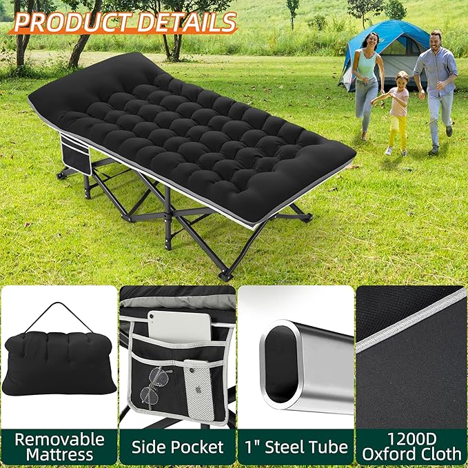 Portable Camping Cot, 32" Extra Wide Camping Cots for Adults with Thick Mattress, Heavy Duty Sleeping Cot Holds Up to 600LBS, Cots for Sleeping, Rv, Beach, Patio, Office Naps 2Pcs (Black)