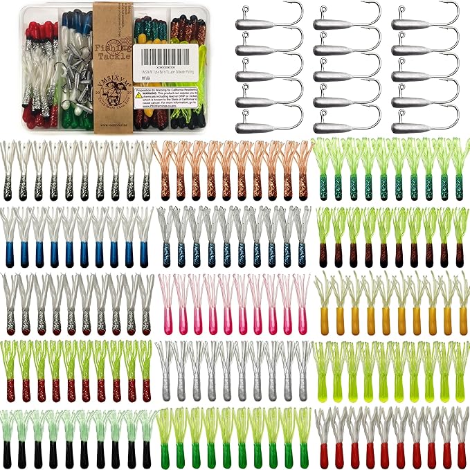 Crappie Lures Tube Lures Jigs Heads Worms Swimbaits Kit, 165, 124, 50 Pcs Pre-Rigged Crappie Jigs Tube Hooks Soft Plastic Grub Worms Baits for Bass Trout Freshwater Saltwater Fishing