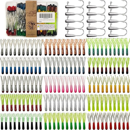 Crappie Lures Tube Lures Jigs Heads Worms Swimbaits Kit, 165, 124, 50 Pcs Pre-Rigged Crappie Jigs Tube Hooks Soft Plastic Grub Worms Baits for Bass Trout Freshwater Saltwater Fishing