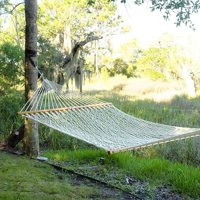 Original Pawleys Island Large Oatmeal DuraCord Rope Hammock – 13 ft. x 55 in., 2-Person, 450 lb Capacity, Oak Spreader Bar, Zinc-Plated Hardware, Handcrafted in The USA