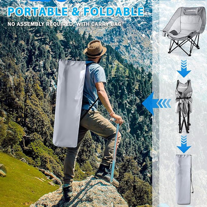 Outdoor Oversized Camping Chair, Heavy Duty Support 500 LBS for Adults, Portable Folding Wide Lawn Chair with Headrest Support and Cup Holder, Low Camping Chair for Fishing, Garden, Grey