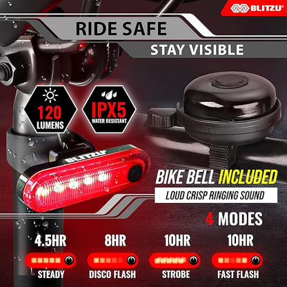 BLITZU Bike Lights, Super Bright Bicycle USB-C Rechargeable Headlight, Taillight & Bell Set, Waterproof Safety Front & Rear Back light for Night Riding, Easy to Install for Men Women Kids Road Cycling