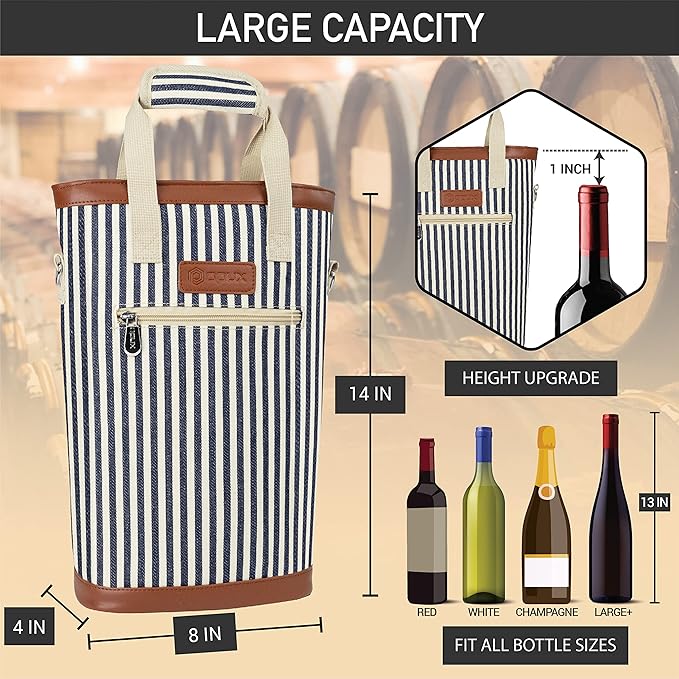 opux Two Bottle Wine Bag Carrier Tote, Insulated Leakproof 2 Bottle Wine Cooler Bag for Travel BYOB Picnic, Portable Wine Case, Gift for Men Women Wine Lover Birthday Party Christmas, Navy Stripes