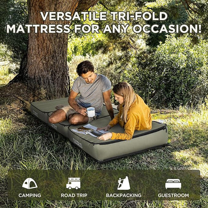 Detachable Tri Folding Sleeping Pad for Camping, Ultra-Thick 5.5 Inch Air Mattress, Quick Inflate, Zipper Design for Detachment, Machine Washable, Family Pad for Camping & Traveling, Green