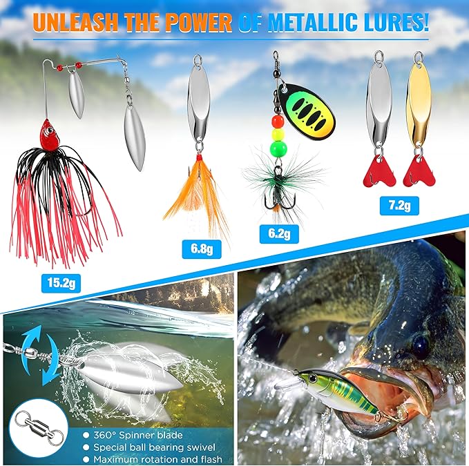 PLUSINNO Fishing Lures Fishing Tackle Box Fishing Gifts for Men, Bass, Trout Fishing Accessories Kit for Saltwater & Freshwater Fishing Gear Including Topwater Lures, Hooks, Spinnerbaits