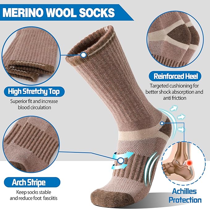 5 Pairs Merino Wool Hiking Socks Warm Thermal Winter Cozy Cushioned Moisture Wicking Socks for Women & Men