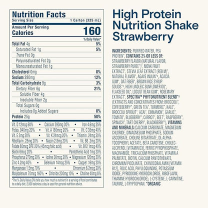 KATE FARMS Organic High Protein Strawberry Nutrition Shake, 25g Protein, 6g Fiber, 27 Vitamins and Minerals, 0g Sugar, Protein Drink, 11 oz (12 Pack)