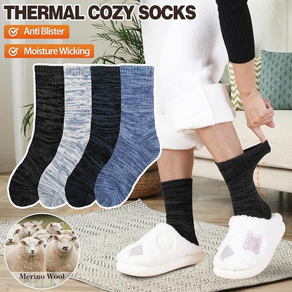 EBMORE Merino Wool Thermal Warm Socks Thick Winter Hiking Cozy Crew Comfy Cushioning Socks 4 Pairs for Women Men