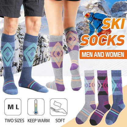 3 Pairs Merino Wool Ski Socks for Womens Mens Thermal Winter Warm Thick Knee High Socks for Skiing Snowboarding