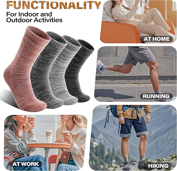 Anlisim Merino Wool Warm Boot Hiking Socks Thermal Extra Thick Winter Cozy Crew Comfy Cushioning Work Women Men Socks 4 Pairs
