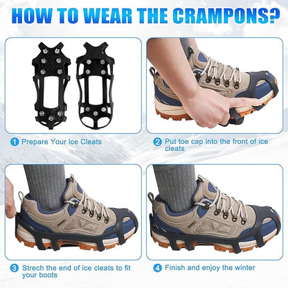 Crampons Ice Cleats for Shoes and Boots Snow Traction Cleats for Walking on Snow and Ice 9 Point Cleats Non-Slip Grippers Overshoe Silicone Stretch Footwear for Winter Hiking Climbing Ice Fishing