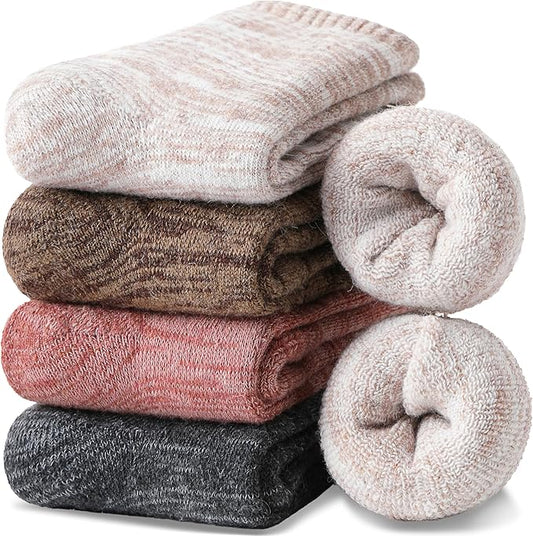 EBMORE Merino Wool Thermal Warm Socks Thick Winter Hiking Cozy Crew Comfy Cushioning Socks 4 Pairs for Women Men