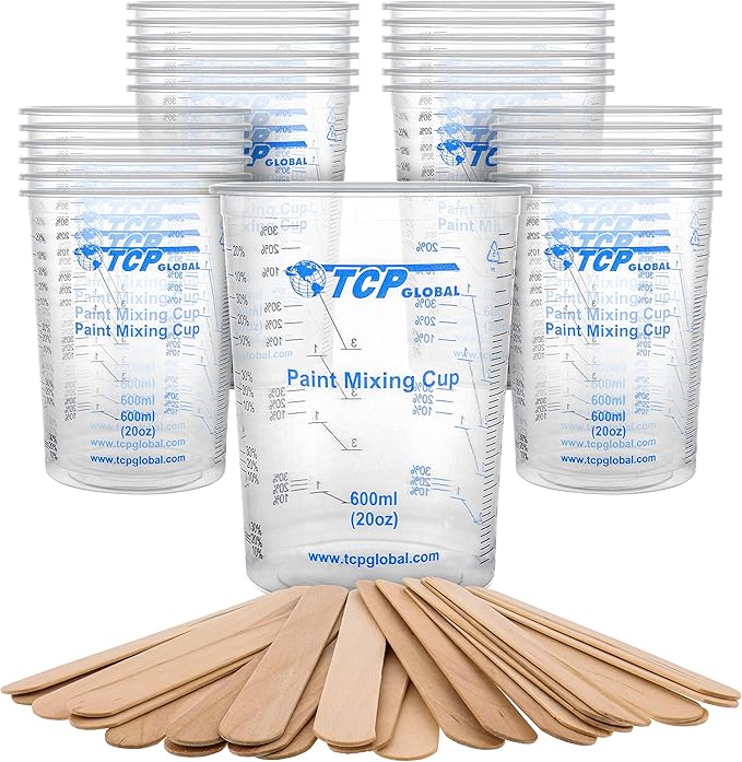 TCP Global 20 oz. (600ml) Graduated Plastic Mixing Cups - Box of 25 with 25 Mixing Sticks - Disposable Plastic Measuring Cups for Liquids, Paints, Resin, Epoxy, Art, Kitchen - Ratios 2-1, 3-1, 4-1 ML