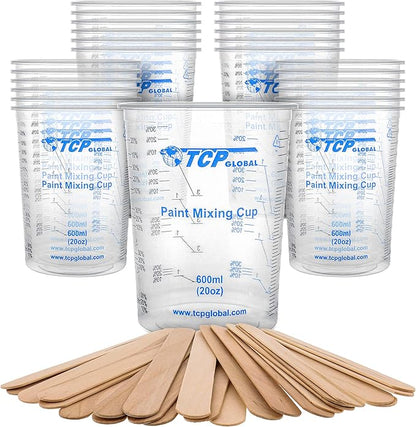 TCP Global 20 oz. (600ml) Graduated Plastic Mixing Cups - Box of 25 with 25 Mixing Sticks - Disposable Plastic Measuring Cups for Liquids, Paints, Resin, Epoxy, Art, Kitchen - Ratios 2-1, 3-1, 4-1 ML