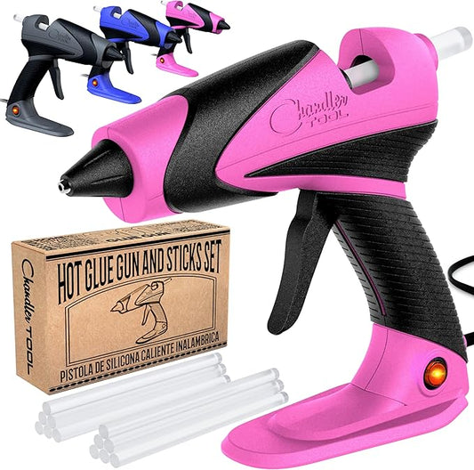 Chandler Tool Full Size Hot Glue Gun And Sticks Set for Crafts and DIY Pistola De Silicona Caliente Inalambrica Complete Heavy Duty Hot Glue Gun Kit With 10 Jumbo Glue Sticks (Pink/Black)