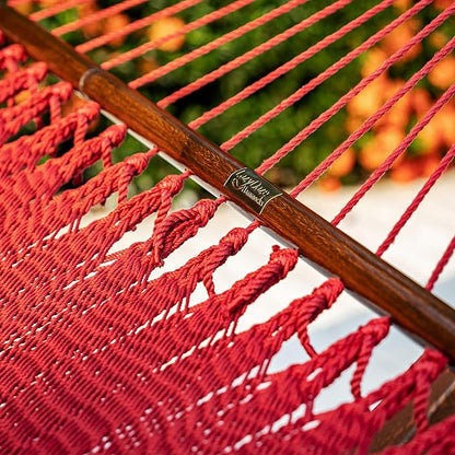 Lazy Daze Hammocks 10.5 FT Double 2 Person Caribbean Rope Hammock, Hand Woven Polyester Hammock with Spreader Bars, for Outside Outdoor Backyard Patio Poolside, 450 LBS Capacity,Red