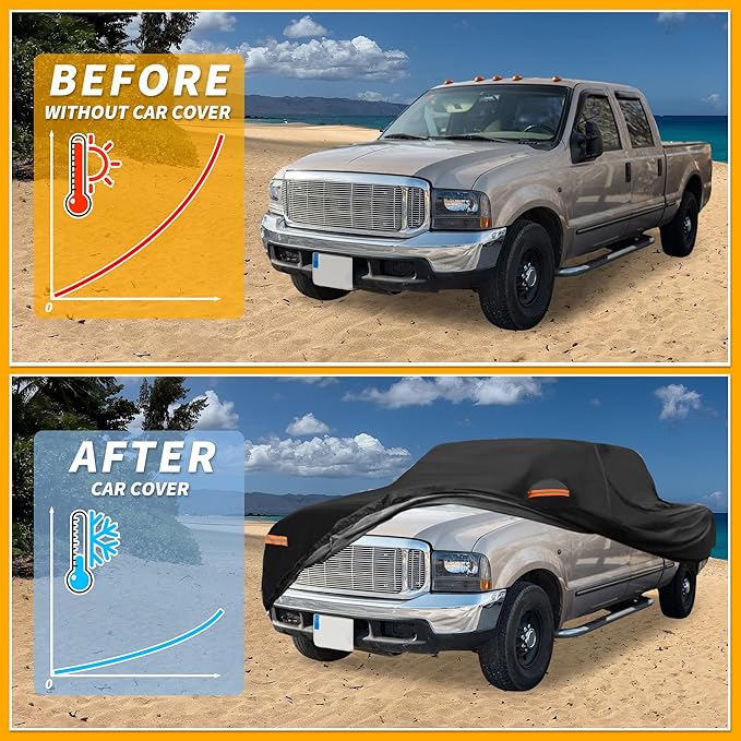 Universal Car Cover Waterproof All Weather 210D-PU, UV Sun Rain Protection, Fits for Truck Length 229"-242", with Left Side Zipper, Black