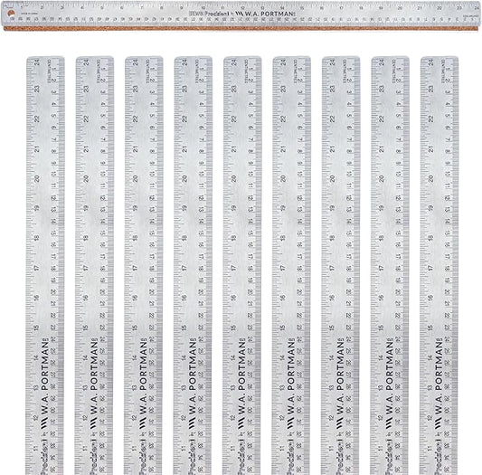 Breman Precision Metal Ruler 24 Inch Cork Back – 10 Pk Stainless Steel Straight Edge, Flexible Non-Slip Metal Ruler with Cork Backing – Imperial & Metric for Crafting, School, Workshop & Home Use