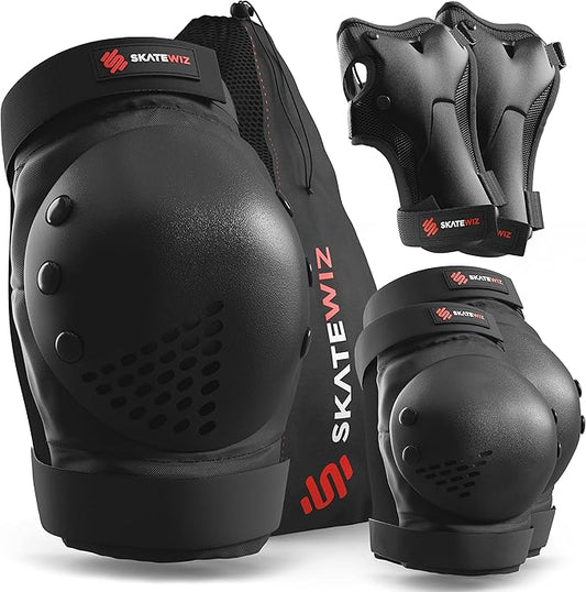 SKATEWIZ Skateboard Pads Protective Gear Set for Kids and Adults - Smash - Roller Skate Pads [6pc] with Wrist Guards - Skating Protective Gear - Roller Derby
