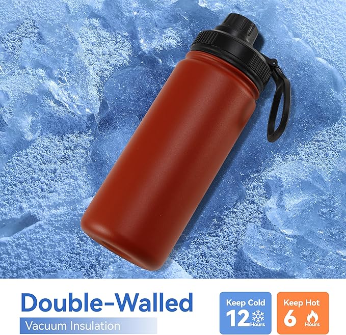 DOMICARE 16 oz Kids Water Bottle for School Stainless Steel Double Wall Vacuum Insulated Water Bottle with Straw lids & Spout Lid, Leakproof BPA Free (Red,1)