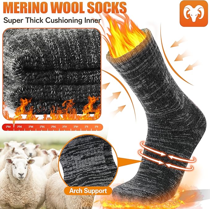 EBMORE Merino Wool Thermal Warm Socks Thick Winter Hiking Cozy Crew Comfy Cushioning Socks 4 Pairs for Women Men