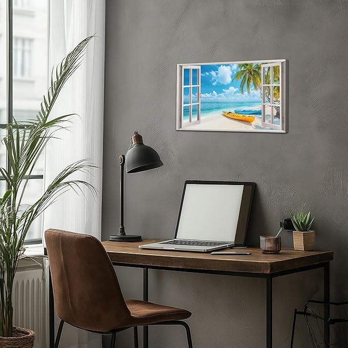 ANRUOXI Beach Wall Art, Window Frame Style Canvas Wall Decor Ocean, Blue Sea & Tropical Palm Tree Coasts Boats Canvas, Paradise Scenery Nature Landscape Painting for Living Room Office Home 12x18 Inch