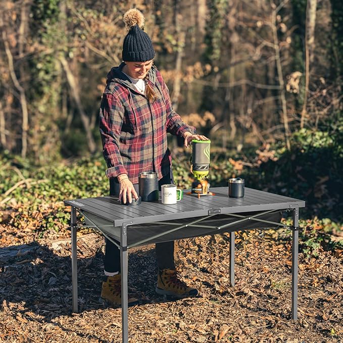 OUTSIDER Folding Camping Table, Portable Roll-up Outdoor Lightweight Aluminum Camp Table for Picnic BBQ Backyards Beach, Large Storage Mesh Pocket and Carrying Bag Included