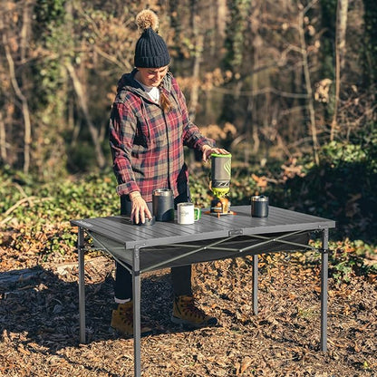 OUTSIDER Folding Camping Table, Portable Roll-up Outdoor Lightweight Aluminum Camp Table for Picnic BBQ Backyards Beach, Large Storage Mesh Pocket and Carrying Bag Included