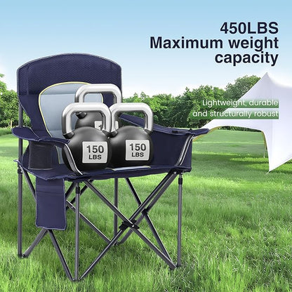 HIGH POINT SPORTS Oversized Camping Folding Chair, Heavy Duty Portable Outdoor Chair, Foldable Camp Chair with Cup Holder and Cooler Bag Support 450 LBS, 2 Pack, Dark Blue