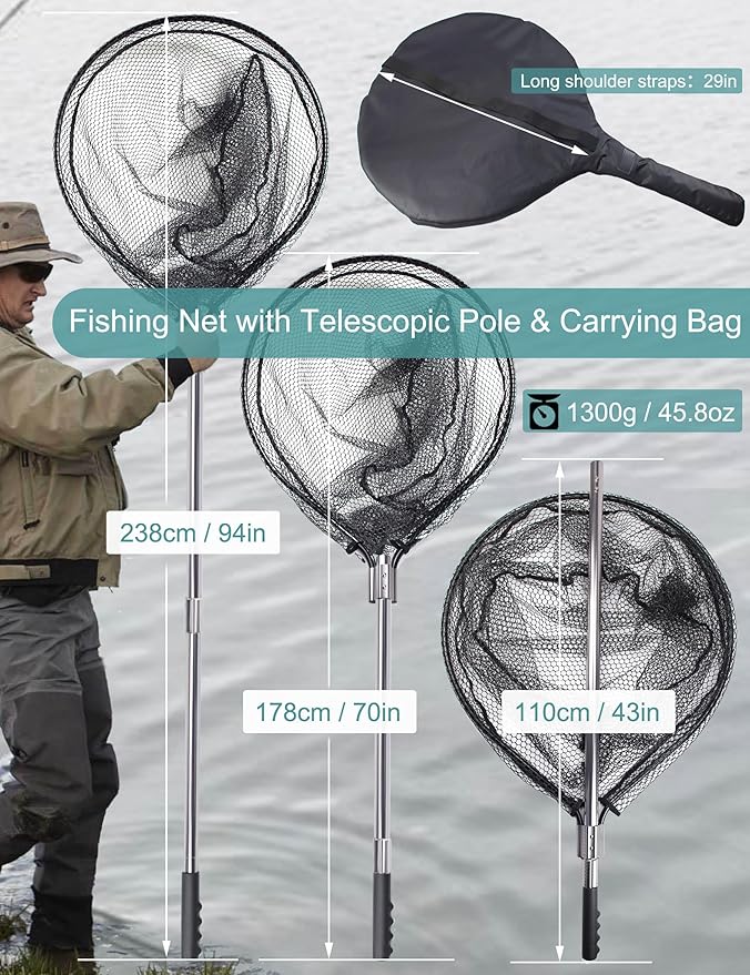 Avlcoaky Rubber Fishing Net - Large Saltwater Fishing Landing Net with Telescoping Handle for Kayak Fishing - Extends 70 to 94 Inch, 27.5 Inch Depth