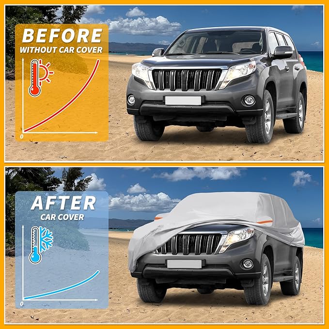 Universal Car Cover Waterproof All Weather 190T-PU, UV Sun Rain Protection, Fits for SUV Length 191"-200", with Left Side Zipper, Silver Tone