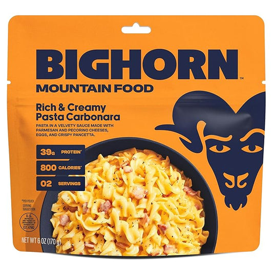 BIGHORN Mountain Food Rich & Creamy Pasta Carbonara - premium freeze dried meals for backpacking food - dehydrated camping food for backpacking meals - 2 servings