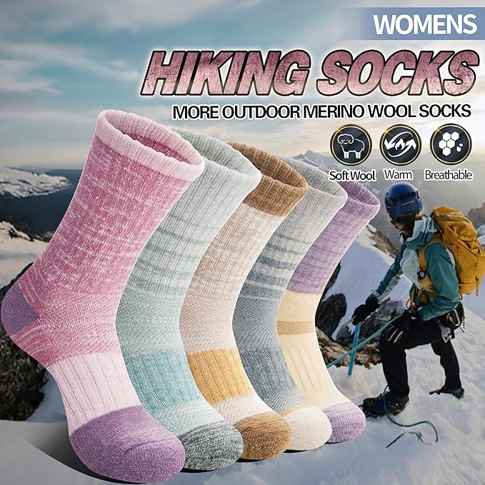 Anlisim Merino Wool Hiking Socks for Women Thermal Winter Warm Boot Work Cushion Socks 5 Pairs