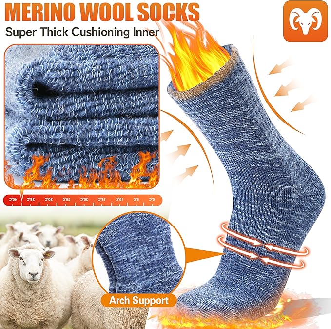 EBMORE Merino Wool Thermal Warm Socks Thick Winter Hiking Cozy Crew Comfy Cushioning Socks 4 Pairs for Women Men
