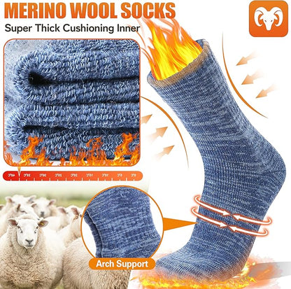 EBMORE Merino Wool Thermal Warm Socks Thick Winter Hiking Cozy Crew Comfy Cushioning Socks 4 Pairs for Women Men