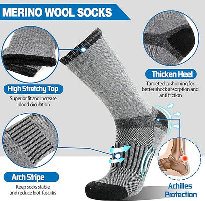 5 Pairs Merino Wool Hiking Socks Warm Thermal Winter Cozy Cushioned Moisture Wicking Socks for Women & Men